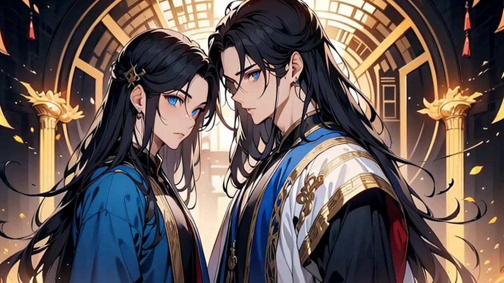 A man，saints，There is a halo behind it，sacred，Correct proportions，Facial details，swordsman，Blue robe，Clothing details，transfer，Long sleeve，Game quality，fencing，Ray Tracing，Ray Tracing，Delicate glow，CG Rendering，Hair details，Black long hair，blue eyes，Handsome，Handsome，（The feeling of youth），The costumes are complicated，Perfect composition，Refinement，high quality，More details，Lots of details，Complex background，Sense of atmosphere，