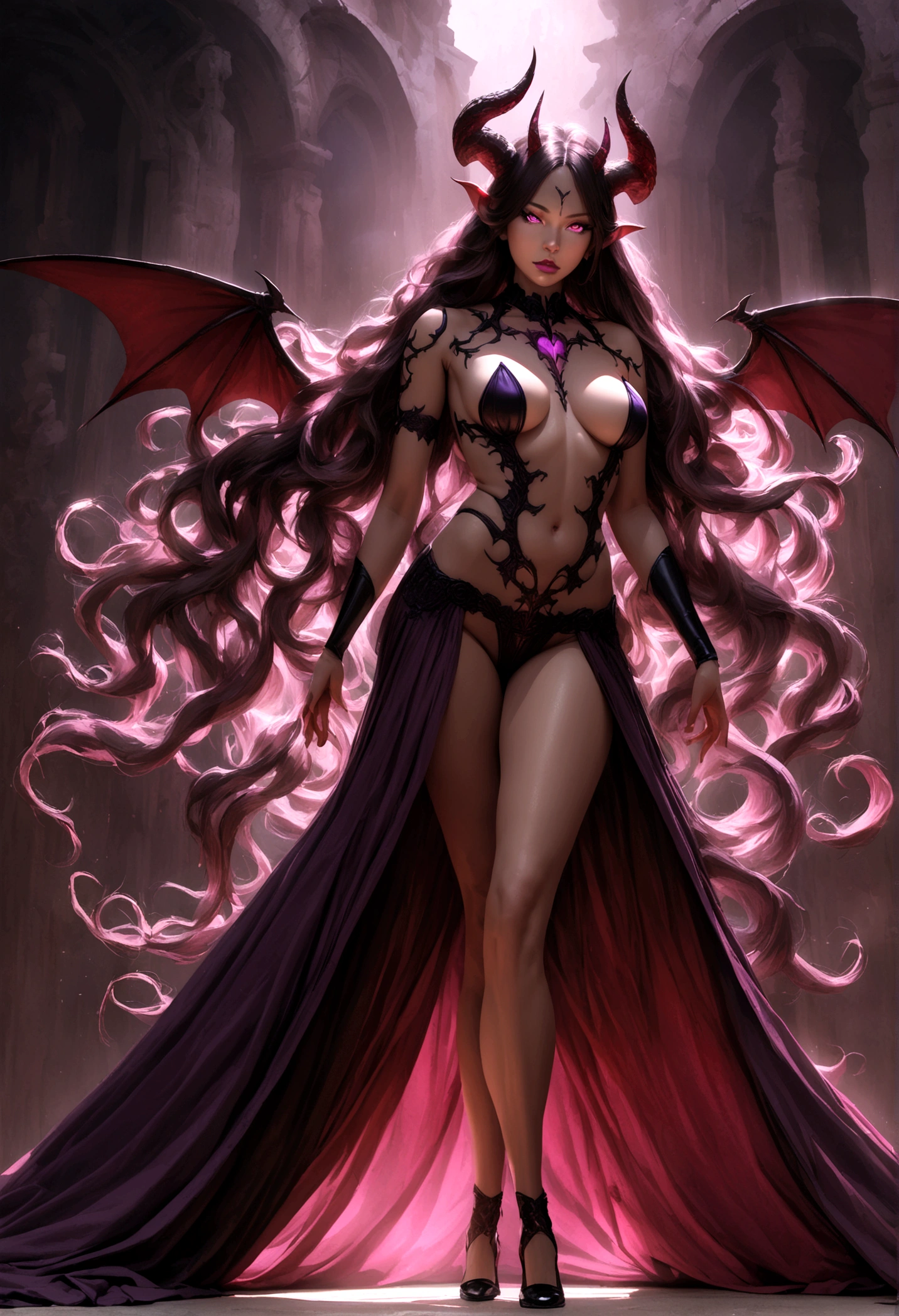 a y succubus, sensual lighting, realistic, sexose, full body, hell scene, 1girl, detailed eyes, detailed lips, long eyelashes, mesmerizing gaze, horns, wings, glowing skin, intricate demonic features, elegant curves, flowing hair, smoldering expression, photorealistic, cinematic lighting, dramatic shadows, deep red and purple hues, hellfire background, dark fantasy, highly detailed, 8k, masterpiece,goddess