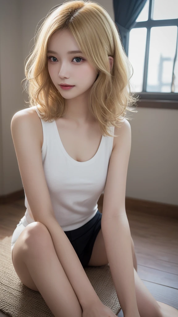 (((Blonde)))、An innocent 18-year-old girl、((White tank top、Blonde、forehead、Dramatic Pose))、smile、Curly Hair、White background、RAW Photos、(8K、Highest quality、masterpiece:1.2)、(Exquisite detail:1.4)、(Realistic:1.4)、Octane Rendering、Complex 3D rendering with ultra-detail、Studio Soft Light、Rim Light、Sharp details、Very detailed、Realistic skin texture、detailed aspects、Beautiful details、Very detailed CG Unity 16k 壁紙、Compensate、(Detailed Background:1.2)、Shiny skin、((Sit with your legs apart、Top-down angle))