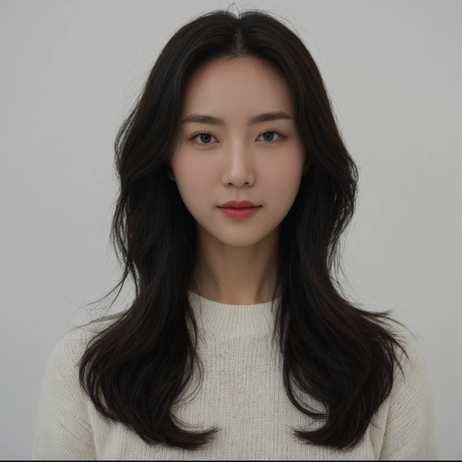 Best Quality, 8k, Masterpiece, (Portrait: 1.3), (photo realistic:1.4), (hyper realistic:1.4), Sharp Focus, looking at viewer, (smoother lighting:1.1), (increase cinematic lighting quality:0.9), realistic lighting, backlighting, light on face, ray trace, (brightening light:1.2), (Increase quality:1.4), sharp detail, (best quality real texture skin:1.4), finely detailed eyes, black_eyes, finely detailed face, 25 year old Korean woman, (white formal_shirt:1.4), (Create an image maintaining the original base model hairstyle:1.5)