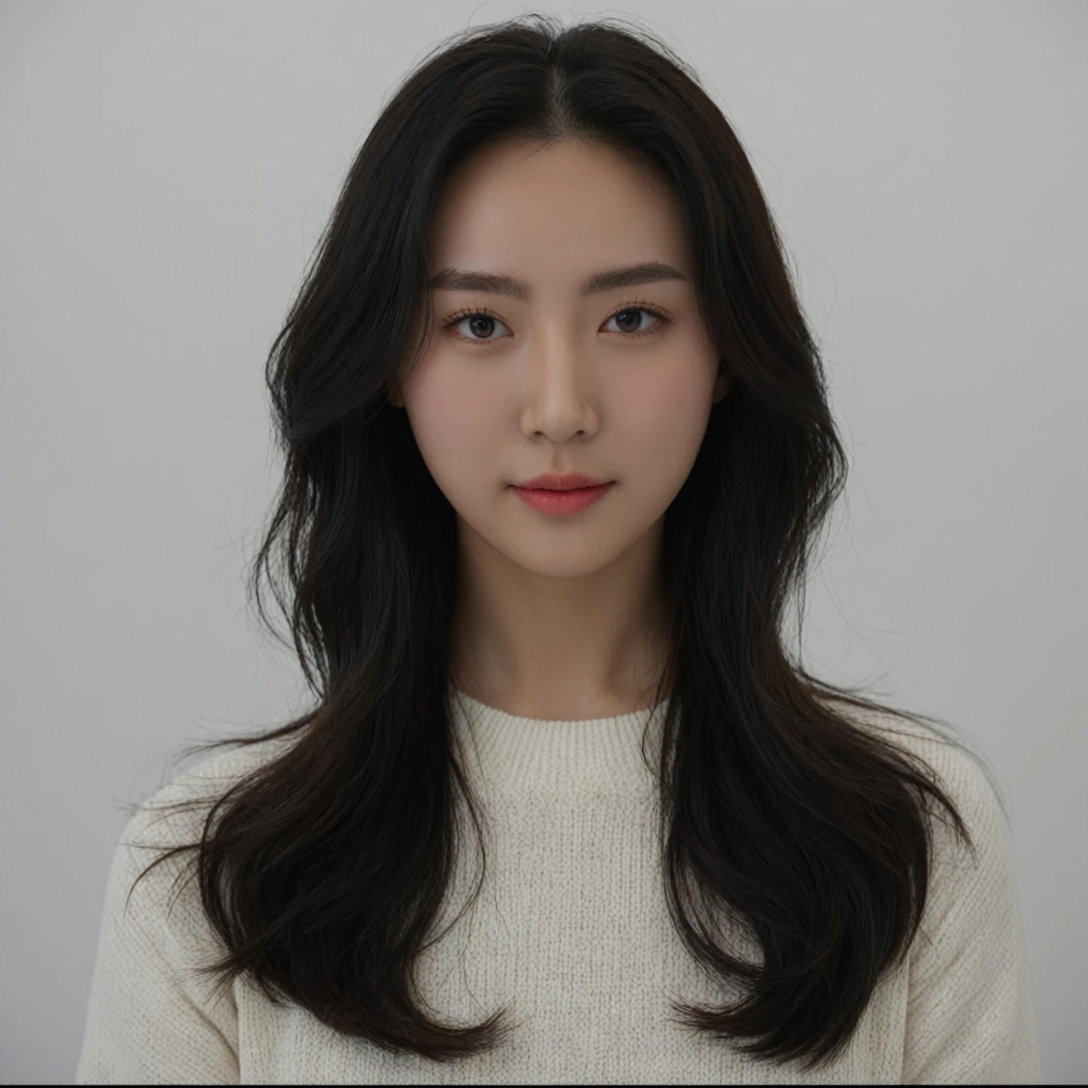 Best Quality, 8k, Masterpiece, (Portrait: 1.3), (photo realistic:1.4), (hyper realistic:1.4), Sharp Focus, looking at viewer, (smoother lighting:1.1), (increase cinematic lighting quality:0.9), realistic lighting, backlighting, light on face, ray trace, (brightening light:1.2), (Increase quality:1.4), sharp detail, (best quality real texture skin:1.4), finely detailed eyes, black_eyes, finely detailed face, 25 year old Korean woman, (white formal_shirt:1.4), (Create an image maintaining the original base model hairstyle:1.5)
