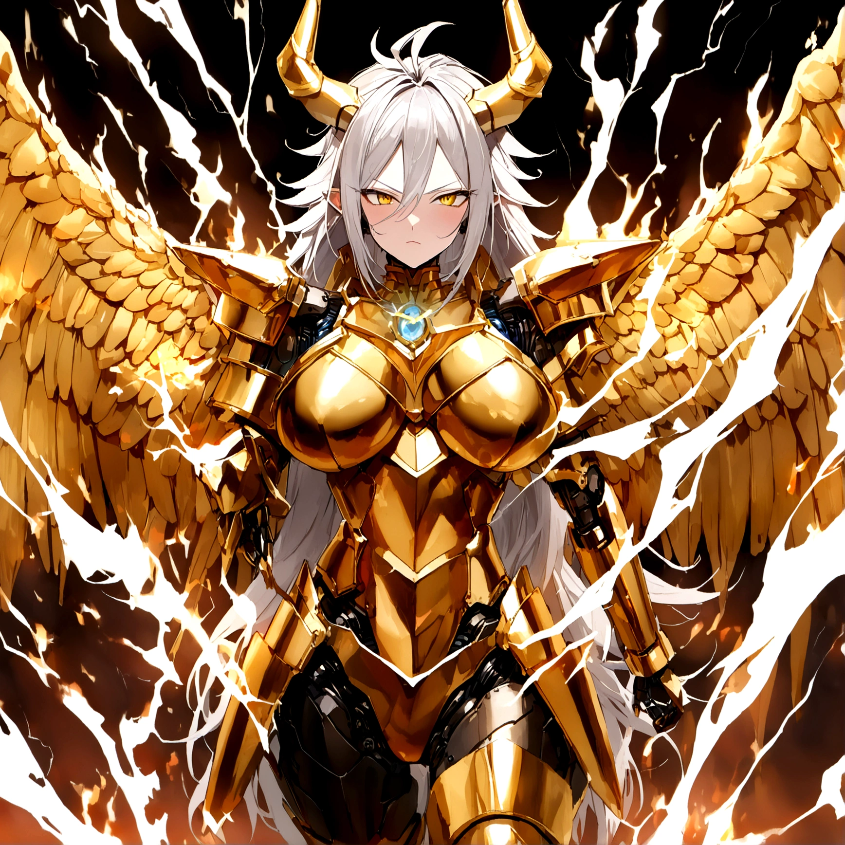 ((Lightning Power)), ((Electricity)), ((Fire Background)), ((Lightning Storm)), ((Power Erupting)), (((((android 21))))), ((((SUN Rasengan)))), (((Evil Power))), (((white Coat))), (((Busty))), (((((Big breast:1,3)))), luxury bustier corset, (((silver hair))), (((Very slim waist))), propotional body, ((Gorgeous)), (((Fire Blazing Horns))), ((((gold wings))), masterpiece, hyperdetail, ambient effect, digital effect, (((Fire Gold Armor))), (((Lightning Gold Wings)))