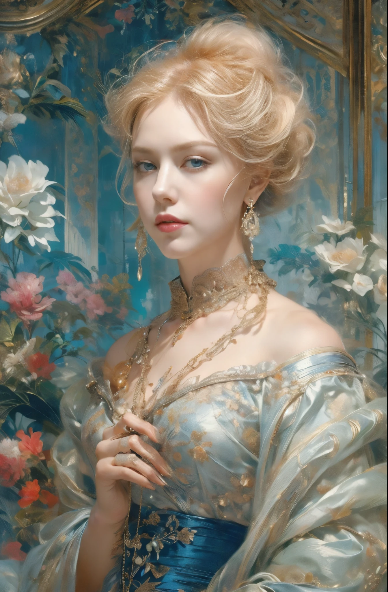 Paris at the beginning of the 20th century, picaresque, Adventures, Countess Cagliostro , A great picture scroll of a magnificent female thief, elusive, Fearless, Female boss of the bandit gang, A skilled female thief, A beautiful blonde, blue-eyed Caucasian woman is standing there., A fantastic atmosphere, Between dream and reality, Beautiful Platinum Blonde, very fine and beautiful eyes, Beautiful and delicate blue eyes, Translucent white skin, Rosy lips, Very sharp beauty, Noble and elegant beauty, Appearance of an aristocratic woman from a prominent family in the early 20th century, pretty much beautiful face, Captivating woman, Very stylish woman, Elegant and noble beauty, Beautiful and stylish red color dress, A woman who looks about 27 years old, Five fingered hand, A profusion of flowers, Gorgeous and luxurious, photograph:Pamela Drew, tumbler, Minimalism, Nicole Kidman, portrait of Nicole Kidman, young Nicole Kidman, wonderful芸術, actor, Nice, Oscar winners, Charlize, Breathtaking art, Hollywood actress, Claudia Schiffer, Chen Yifei, Female painting, Vivid and colorful paintings, Glamorous and luxurious, Chen Yifeiに影響を与えた作品, Works that influenced Francesco Hayes, Inspired by Hendrik Terbruggen, Jean=Works that influenced Auguste Dominique Ingres, Works that influenced Liu Jun, Jean=Works that influenced Auguste Dominique Ingres, artwork in the style of Switzerland, by ヤン・J, Switzerland, Beautiful Art UHD 4K, Detailed painting 4k, Beautiful digital art, Beautiful artwork illustration, Switzerland masterpiece, By Chen Yanjun, Lee Song, Highest quality, The perfect angle, Perfect composition, Best Shot, Official Art, Cinematic Light, Figurative art, Beautiful and expressive paintings, Beautiful artwork illustration, wonderful, Cool Beauty, clear, Muromachi Fantasy, mysterious, Highest quality, Official Art, Extremely delicate and detailed painting style, Beautiful and subtle effects, Elegant and beautiful painting art, The pinnacle of beauty in painting, Perfect light, Perfect composition, The perfect angle, Perfect subject, Best Shot, women only, Sharp contours, Face close-up