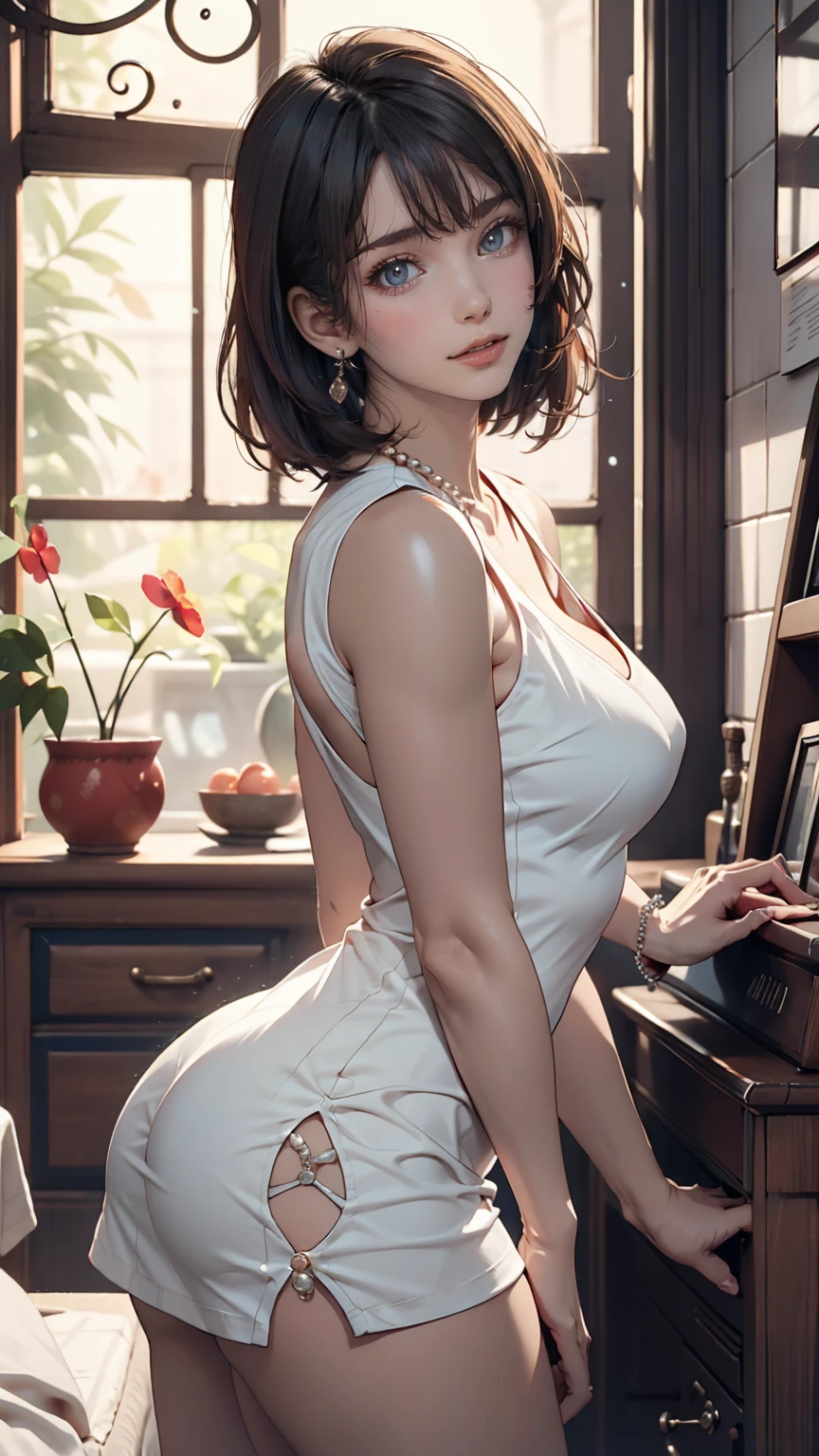 24-year-old woman、Sexy proportions、Sexy、Bust cutout pearl and side  bead switching sleeveless tight mini dress