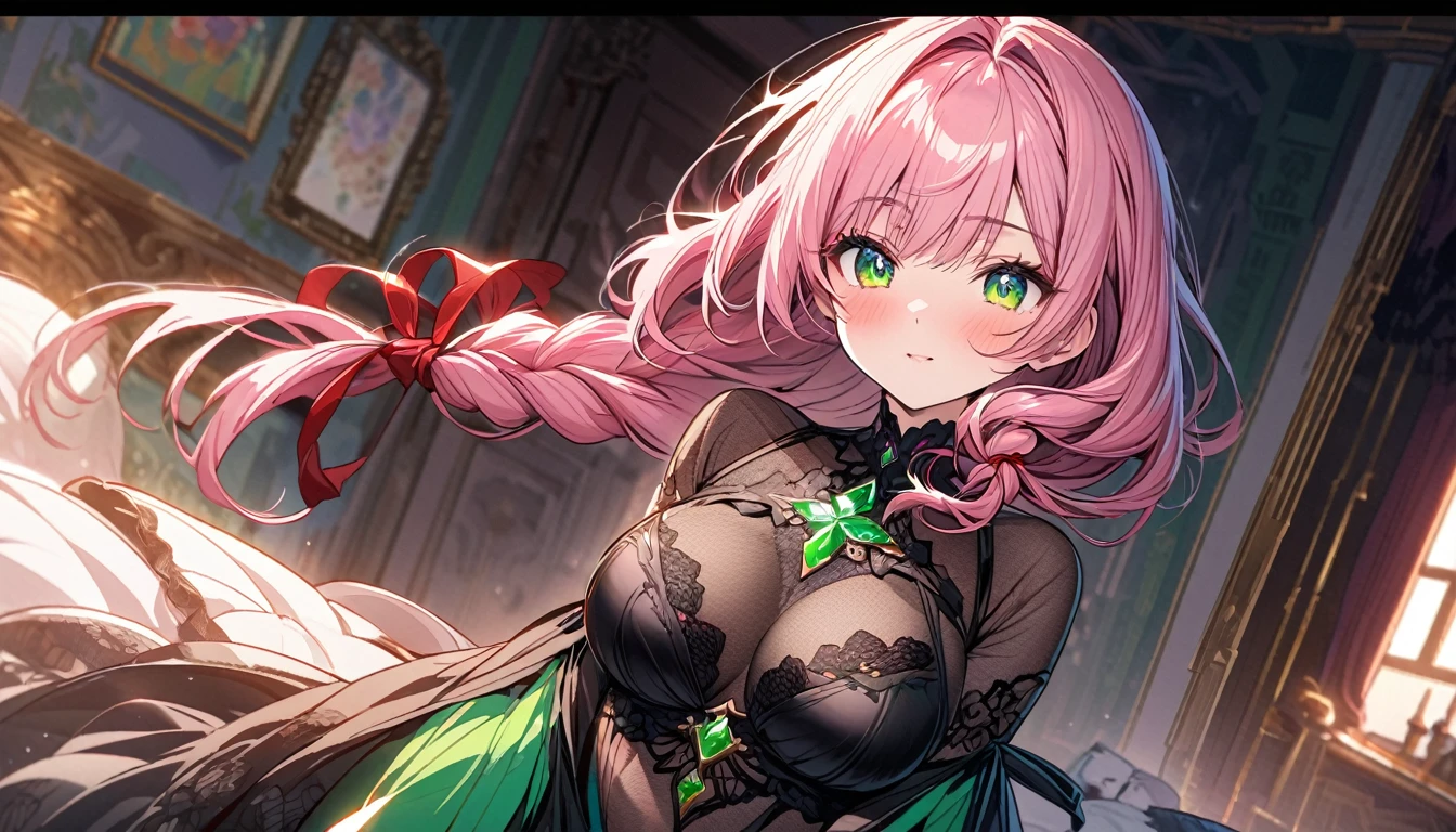 The image is of a beautiful woman wearing a tight fitting black lace . The woman has long flowing pink hair with strands of braided hair tied with red ribbon throughout. She has gorgeous green eyes that shine like emeralds. Her face is youthful and gorgeous. Her breasts are ample and seem too large for her tight fitting black lace . She is short in height but well developed -a short stack. She blushes as you look at her. She's standing in your bedroom and is excited to be with you. The image is ultra detailed with gorgeous colors, perfect line work, and detailed shading.