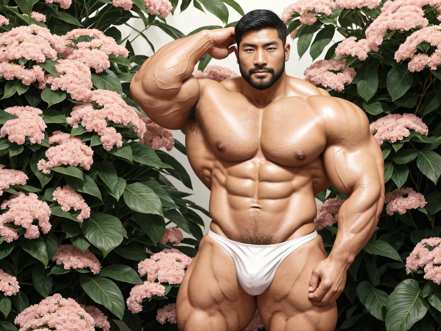 There is only one handsome Asian actor in the picture，30 years old，Tall and handsome, Toned body，short hair, O-Shaped Beard，Perfect body, Dark skin，Glowing skin，Smooth skin，The body is hairless，Muscle bulge, Muscular, Very large pectoral muscles，Very sexy abdominal muscles，Very well-developed leg muscles，Huge concave and convex area，Brightens oily skin，Wearing a gold leather shiny thong，Handsome face， Correct and accurate male body proportions, Stand among the flowers。