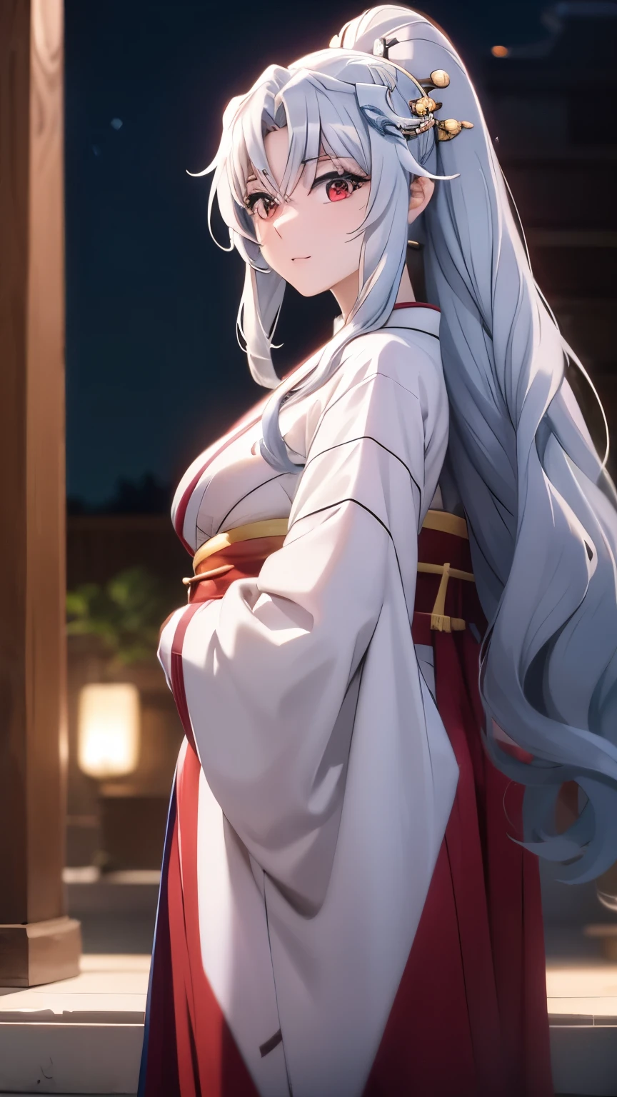 White hair,Flowing hair,red eyes,ngực vừa,kimono 