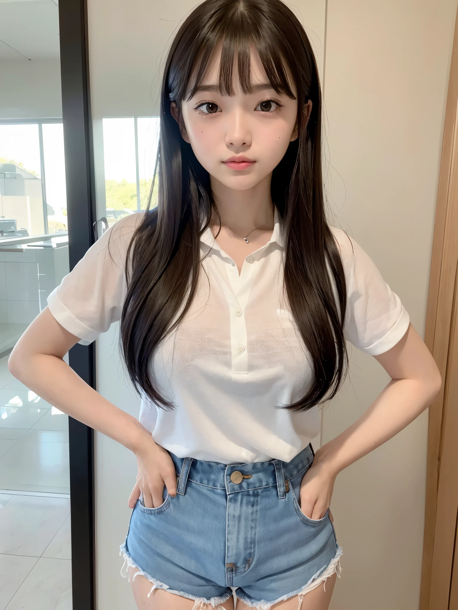 highest quality,Photo quality,Ultra-high resolution,Professional Lighting,14 years old,Beautiful face like an actress,With bangs,Sexy shorts:1.2、Amazingly cute、(((裸エプロン)))、ブラジャーが透けて見えている、キッチン、