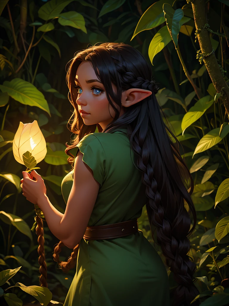 looking back elf girl portrait, curly two braid long hair, in a jungle, wearing elf dress, 8k, RAW photo, best quality, masterpiece, high detail RAW color photo, dramatic lighting, cinematic lighting, back light, professional lighting