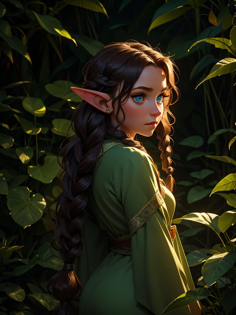 looking back elf girl portrait, curly two braid long hair, in a jungle, wearing elf dress, 8k, RAW photo, best quality, masterpiece, high detail RAW color photo, dramatic lighting, cinematic lighting, back light, professional lighting