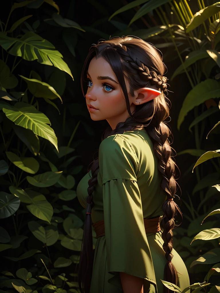 looking back elf girl portrait, curly two braid long hair, in a jungle, wearing elf dress, 8k, RAW photo, best quality, masterpiece, high detail RAW color photo, dramatic lighting, cinematic lighting, back light, professional lighting