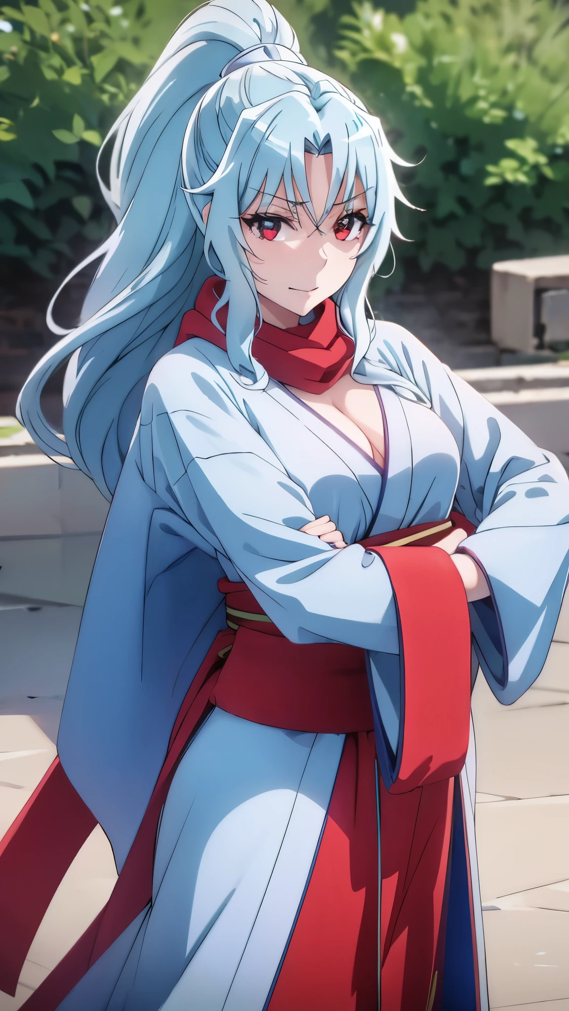 White hair,bouncy hair,red eyes,medium chest,blue kimono,red scarf,holding a katana