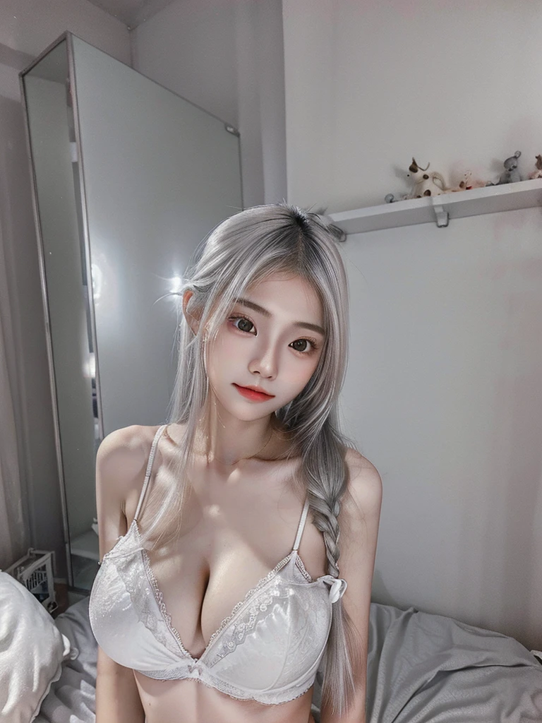 1 Girl, Beautiful, Baby Face, 20 Years Old, White Skin, small , White Thin Loose , Skinny, Posing For Photos in The Bedroom, Gurly Bedroom, Grey Hair, Silver Twintail, ((adorable:1.1)), ((masterpiece:1.1)), Sleepy Cute Face