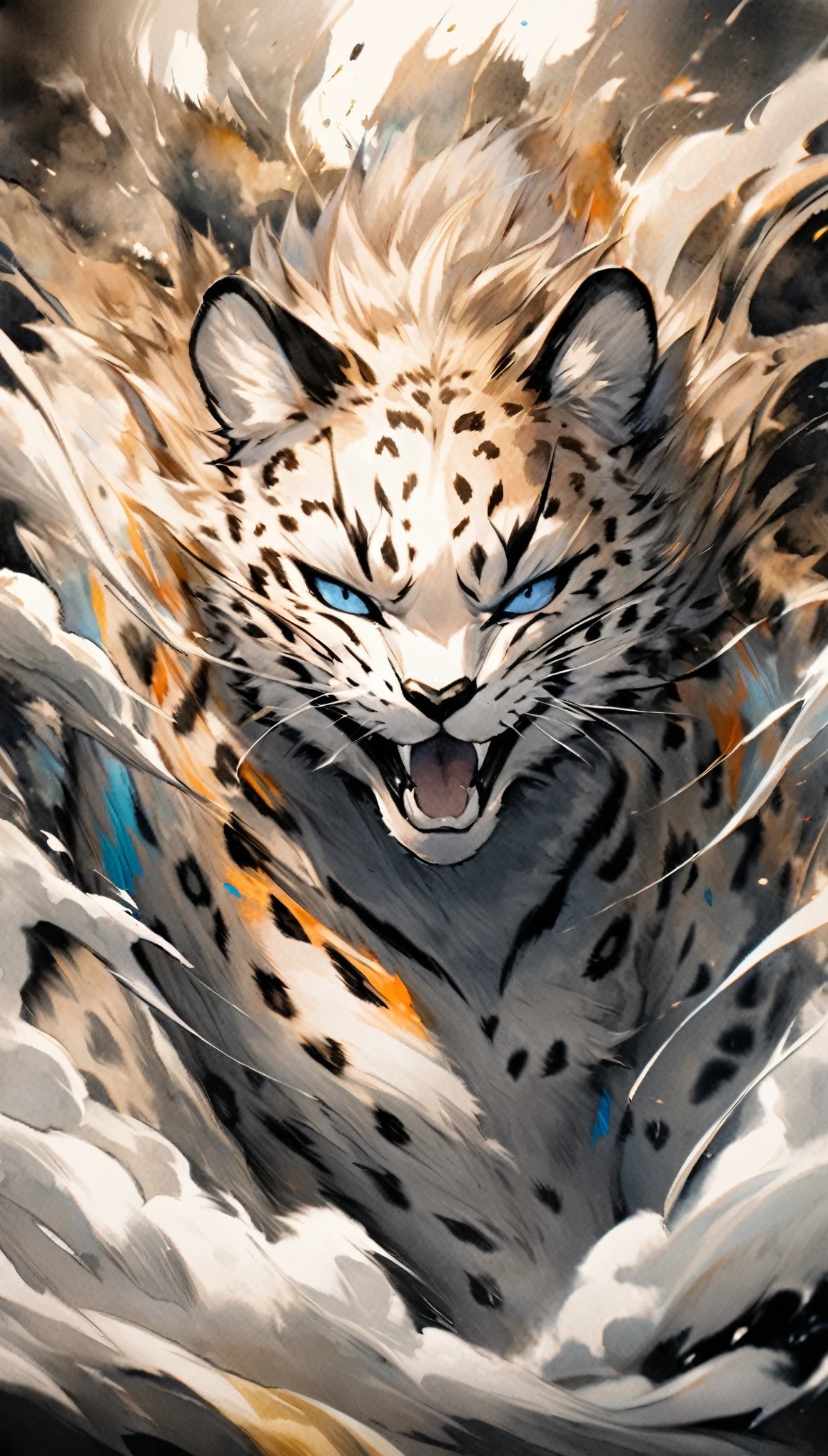fusion of watercolors and oil paintings, mix of monochrome and color, best quality, super fine, 16k, 2.5D, delicate and dynamic, a beautiful wild cheetah stands up and makes a threatening pose with a frightening expression, uplifting, beautiful fur, portrait, dust cloud, savanna, (action blur, motion blur, speed lines:0.5)