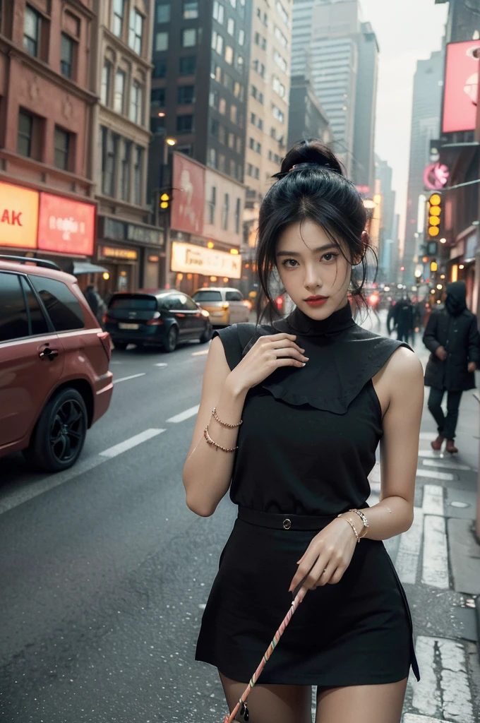 (((best quality))),(((ultra detailed))),(((masterpiece))),illustration,1girl,slim,sun-kissed skin,vibrant rose-pink cotton dress,short ponytail,flat ,pantyhose,standing, bustling city streets, honking cars,surrounded by crowded crowds, colorful advertisements,grilled skewers,enjoying sights and sounds,(dark black skin:1.5),day scene,upper body