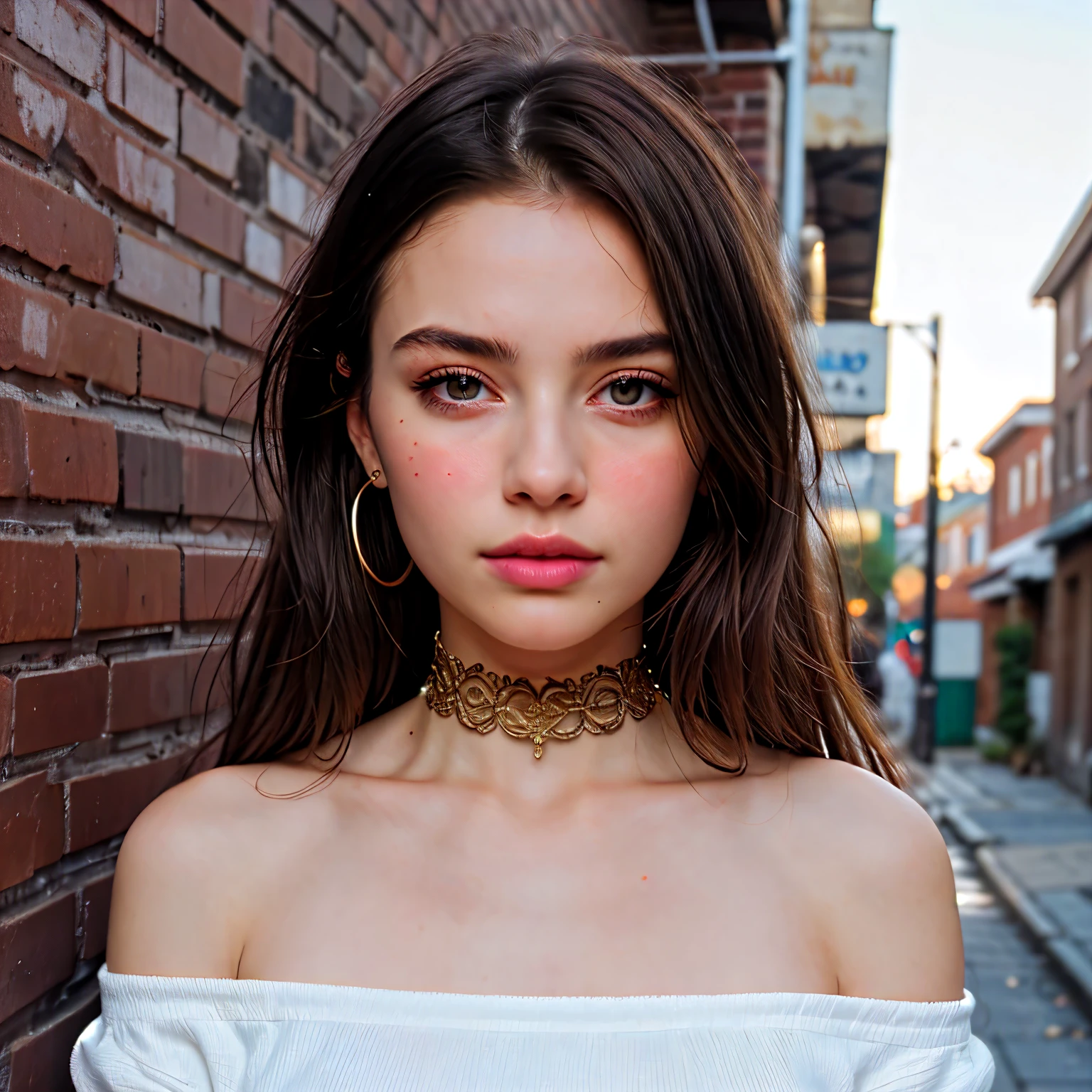 ultra realistic 8k cg, masterpiece, ((ultra detailed background, delicate pattern, intricate detail)), best quality, intricate details, chromatic aberration, 1girl, long hair, golden hair, messy hair, red highlights, hair over one eye, sharp eyes, choker, brick wall, graffiti, dim lighting, alley, oversized shirt,off shoulder, see through white shirt, Masterpiece, best quality