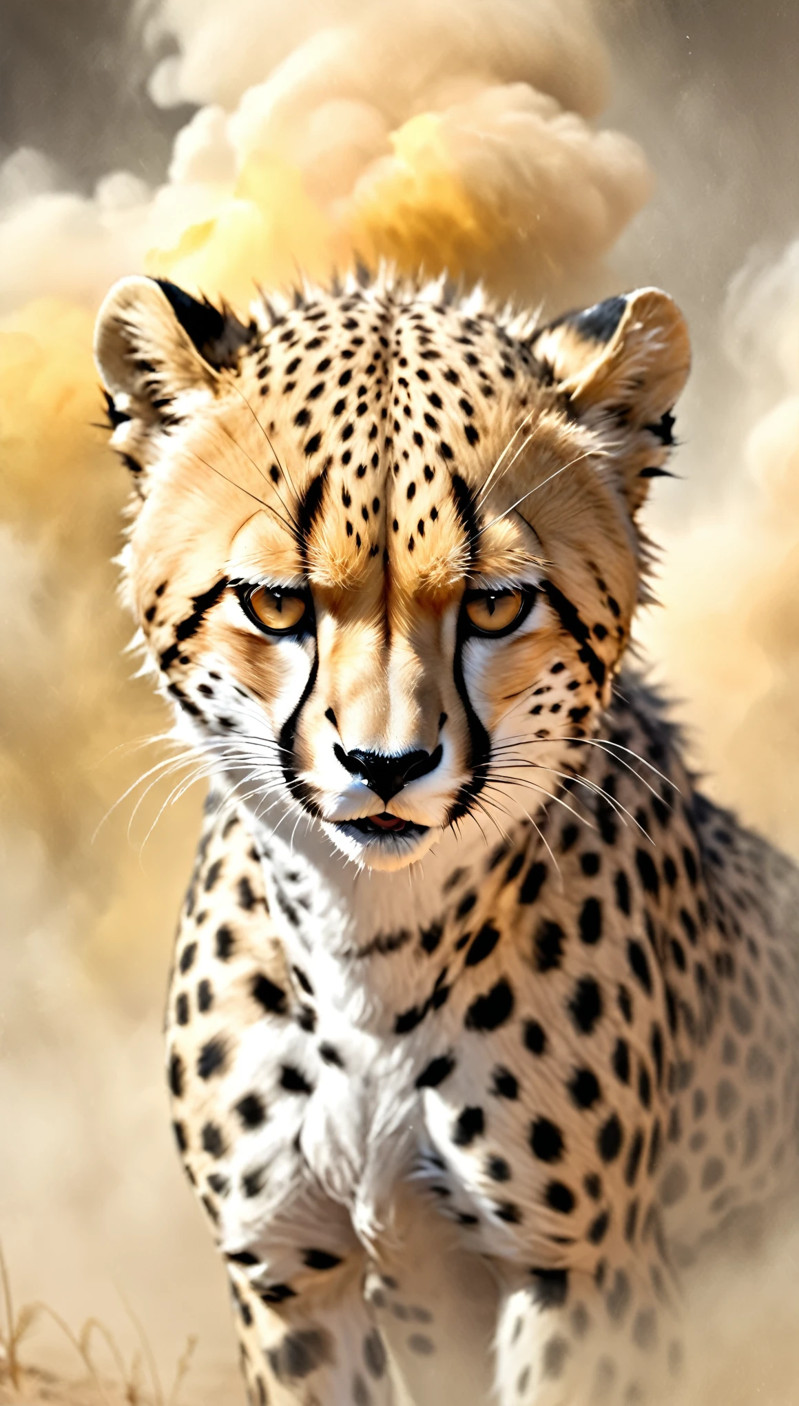 fusion of watercolors and oil paintings, mix of monochrome and color, best quality, super fine, 16k, 2.5D, delicate and dynamic, a beautiful wild cheetah stands up and makes a threatening pose with a frightening expression, uplifting, beautiful fur, portrait, dust cloud, savanna, (action blur, motion blur, speed lines:0.5)