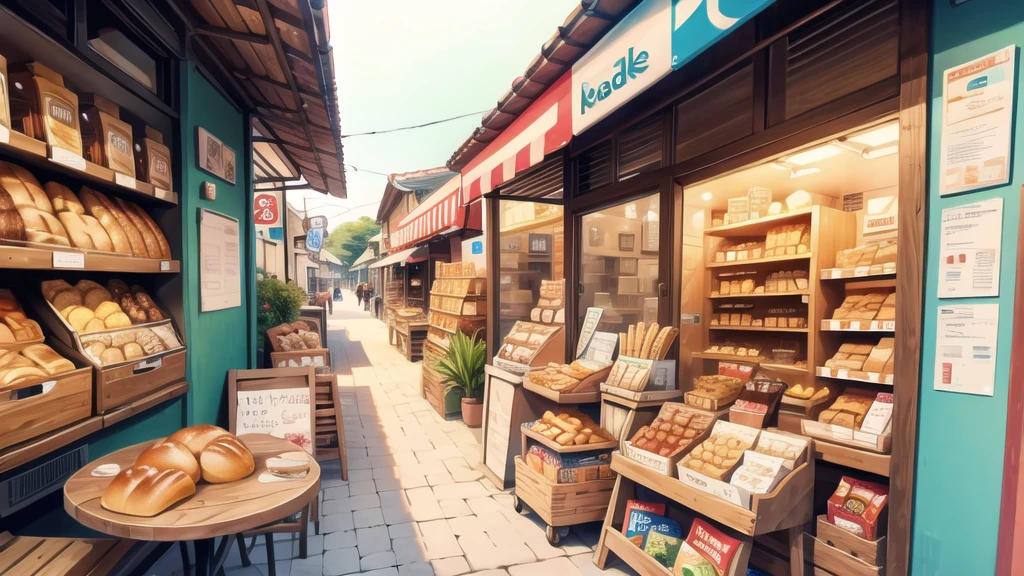In front of the shop, bread, glasses of milk, various snacks on the table. ,wide angle