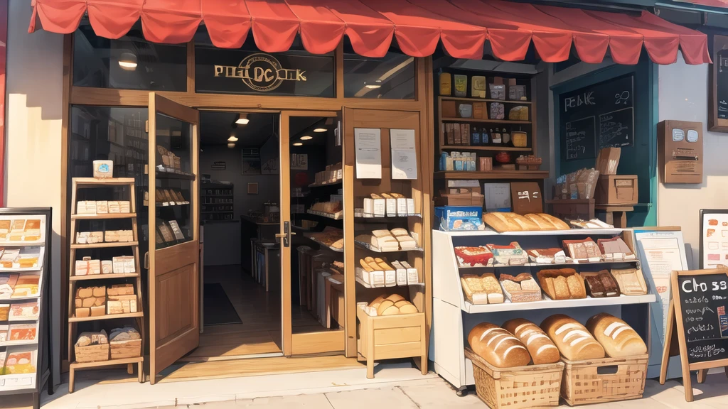 In front of the shop, bread, glasses of milk, various snacks on the table. ,wide angle