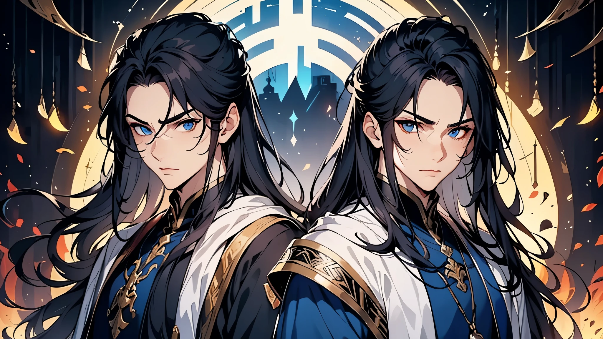 A man,saints,There is a halo behind it,sacred,Correct proportions,Facial details,swordsman,Blue robe,Clothing details,transfer,Long sleeve,Game quality,fencing,Ray Tracing,Ray Tracing,Delicate glow,CG Rendering,Hair details,Black long hair,blue eyes,Handsome,Handsome,(The feeling of youth),The costumes are complicated,Perfect composition,Refinement,high quality,More details,Lots of details,Complex background,Sense of atmosphere,