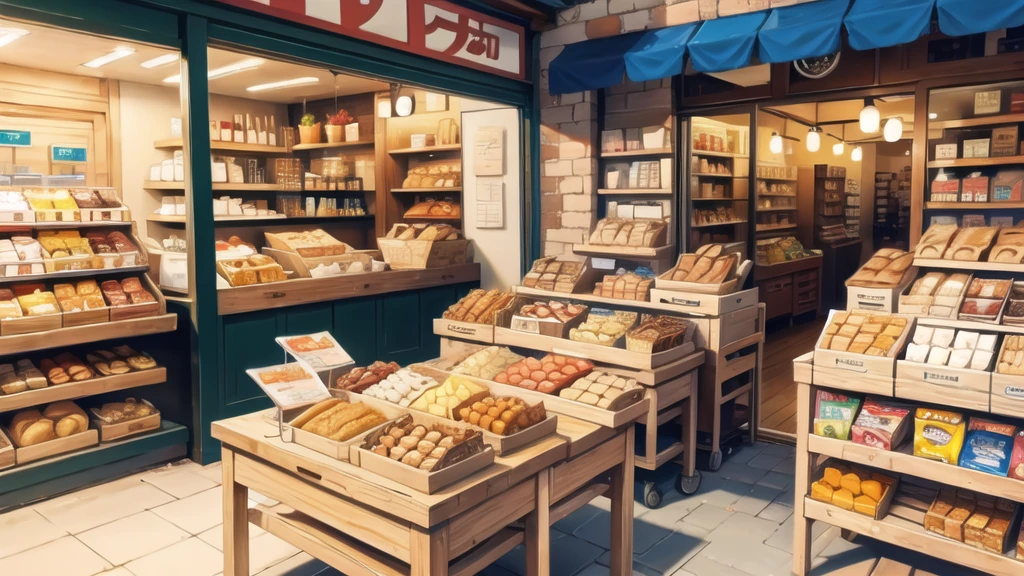 In front of the shop, bread, glasses of milk, various snacks on the table. ,wide angle