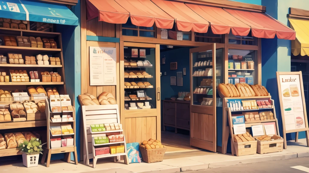 In front of the shop, bread, glasses of milk, various snacks on the table. ,wide angle