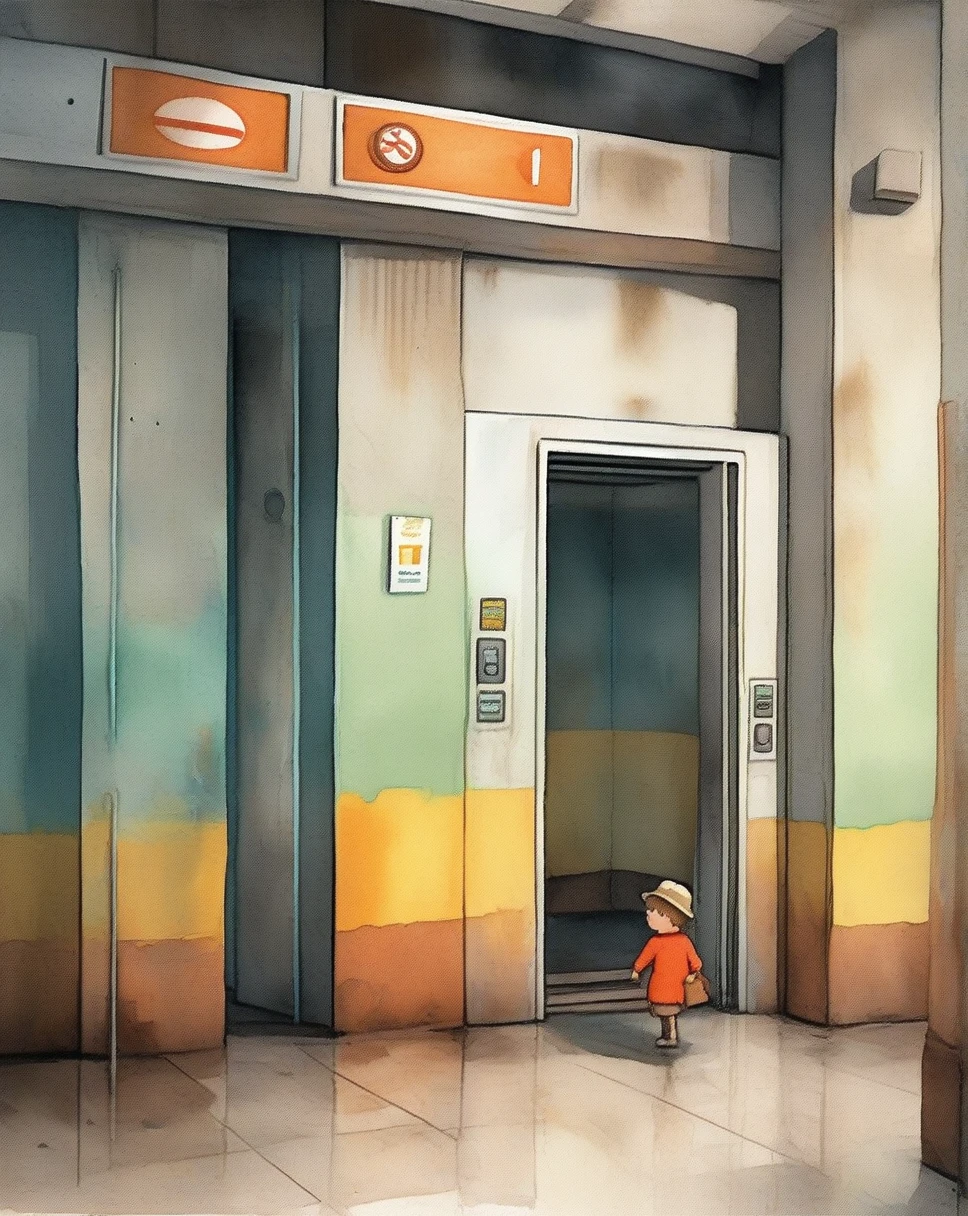 children's picture books, crayon paintings, underground elevator escape rusty old german style