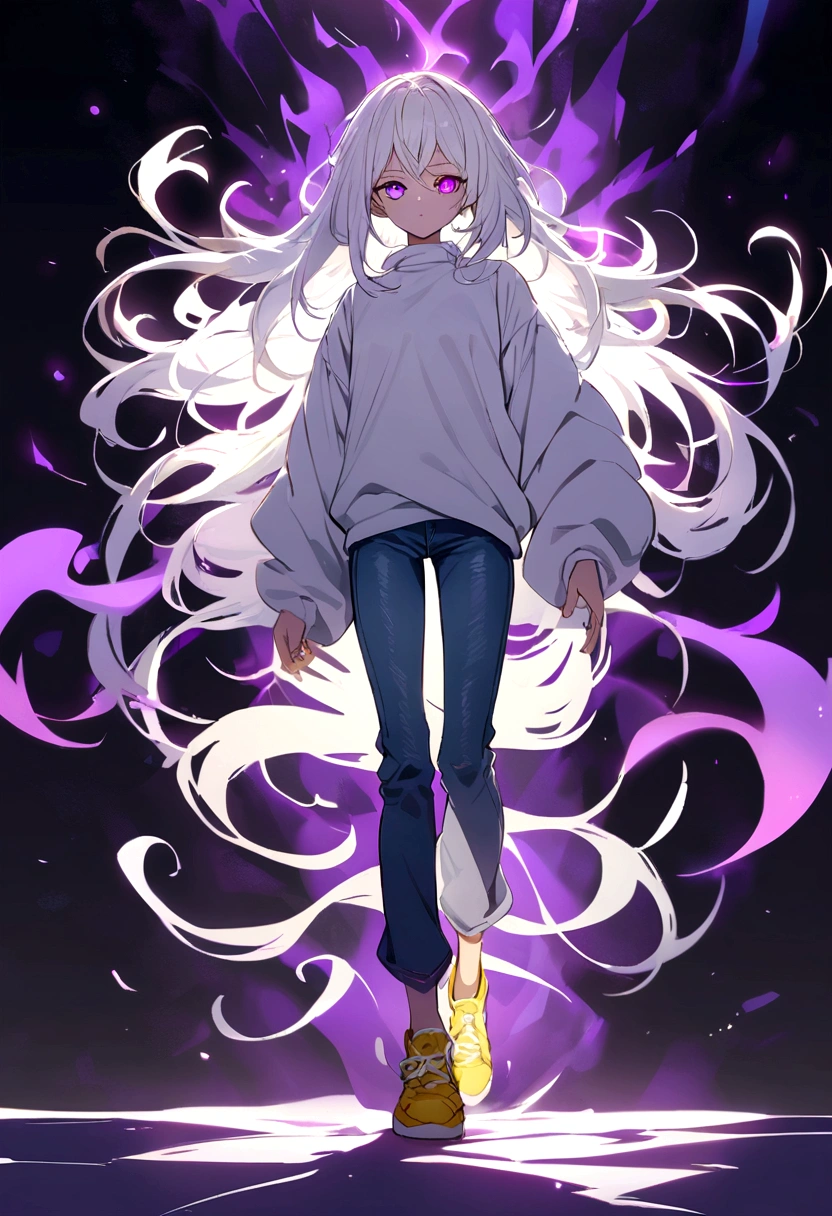 , with messy white hair, white sweatshirt. blue jeans , yellow shoe, purples eyes, purple psychic powers