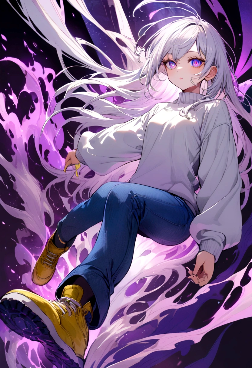 , with messy white hair, white sweatshirt. blue jeans , yellow shoe, purples eyes, purple psychic powers