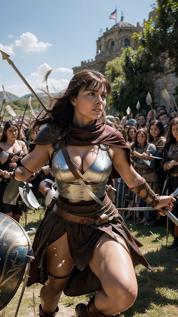 Image 1: Xena the warrior princess mounted on a majestic steed, leading her army into the fray, her cloak billowing behind her as she charges towards the enemy lines amidst a flurry of arrows and spears. crowded environment, battle field. no distortion, no extra limb, perfect face