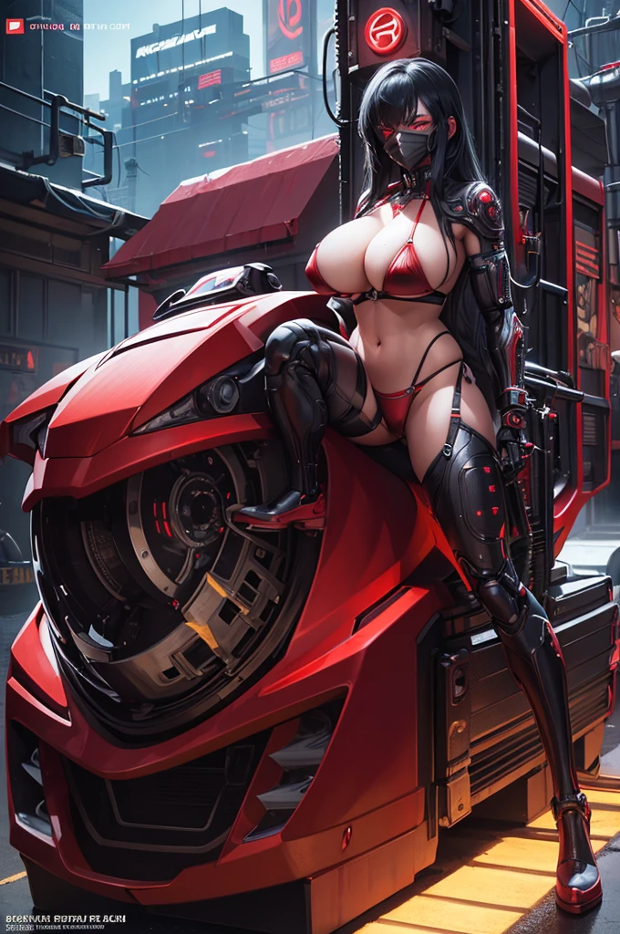 sexy pose, cyberpunk girl with massive breasts,  red robot bikini , robot mask, futuristic, intricate details, mechanical elements, neon lights, dark atmosphere, glowing eyes, chrome, hyper-realistic, cinematic lighting, masterpiece, 8k, photorealistic