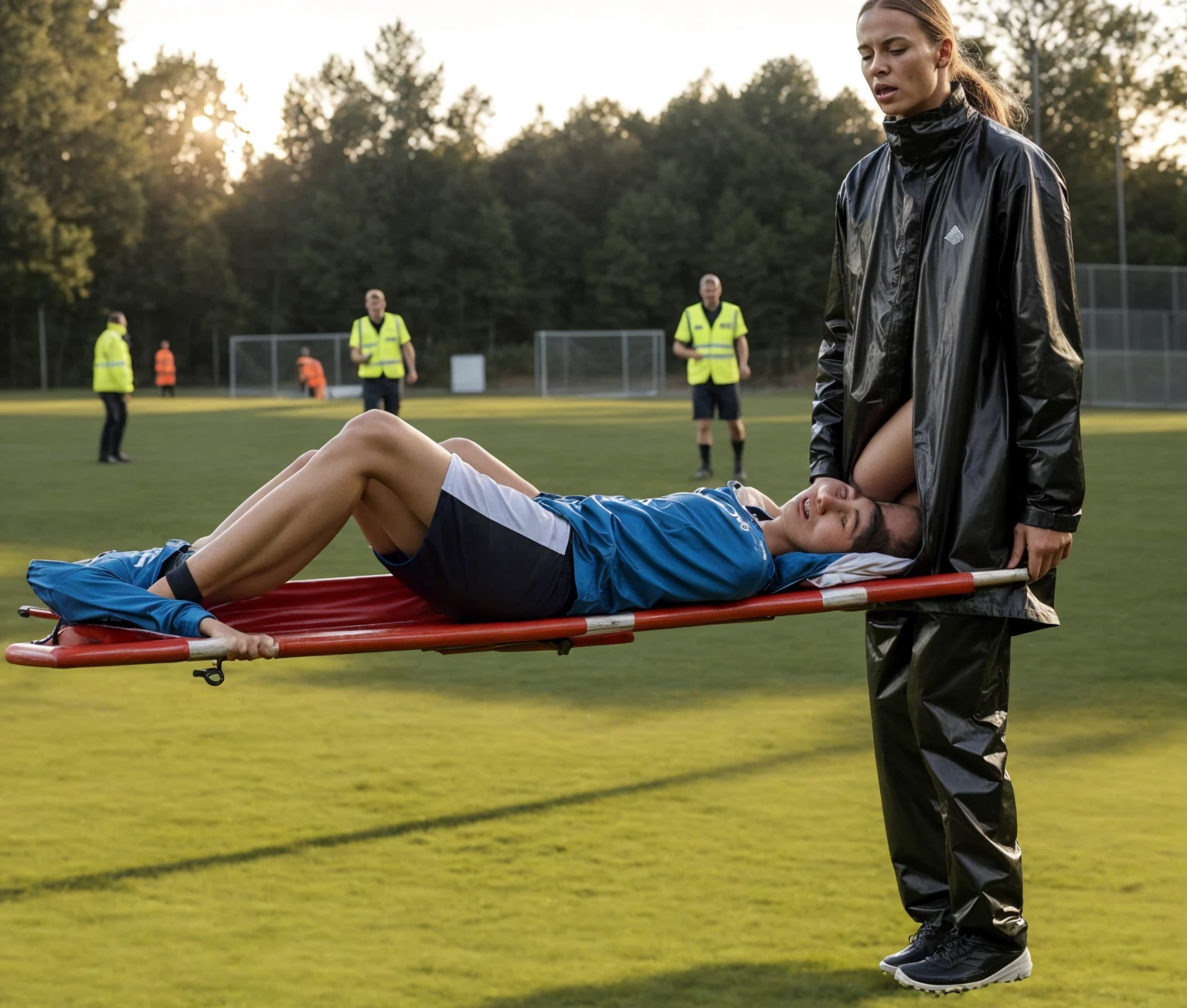 Greta Thunberg is carrying a stretcher, there is a man laying on a stretcher on a soccer field, on a soccer field, Greta Thunberg wearing a shiny pvc tracksuit, greta Thunberg in a high shine vinyl rainsuit carrying a stretcher on a soccer field, an excessively madeup age girl in a laquered coat, a passionately shouting teengirl in a laquered coat, there is a sportsman in white shorts and a white t-shirt lying injured on a stretcher, there is an injured sportsman who is covering his face on a stretcher, an injured sportsman is covering his face with his hands, an injured sportsman is writhing in ecstasy on a stretcher, dramatic pity pose, there is a latino woman in a high-shine puffy coat, a high-shine black down coat, a long black moncler coat, a wetlook down coat, a wet black laquered coat, a latino wife is wearing a wetlook black uniform, injured, medic, very professional, soccer action pose, affection pose, lecherous action pose, dramatic action pose, theatralic pose, there is an attractive woman that is carrying a skinny man, there is a beautiful woman in a shiny coat who is carrying a blond man on a wetlook orange stretcher, a longhaired beautiful woman in a high-shine black puffy coat, a longhaired woman in a shiny downcoat, a woman is carrying a shorthaired man who is wearing shorts and a t-shirt, a weak man in spots shorts is consciousless and needs to be carried, a shorthaired man with closed eyes is carried on a stretcher by a longhaired woman, a woman looks very scared and terrified, a consciousless man with closed eyes is suffering very much and has a very painful face, photo, photo shoot, photographed , accident, help, aid, first aid, pity