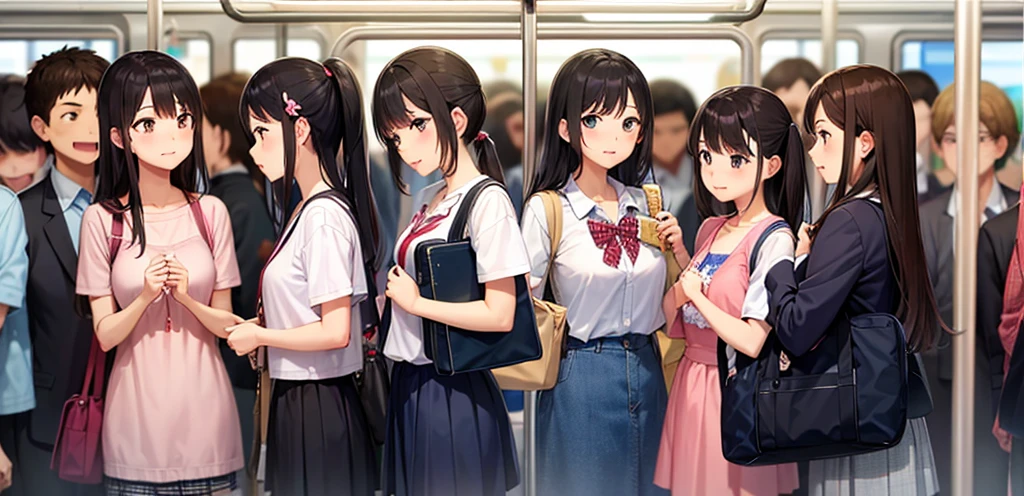 crowded train、high school girl、Summer clothes