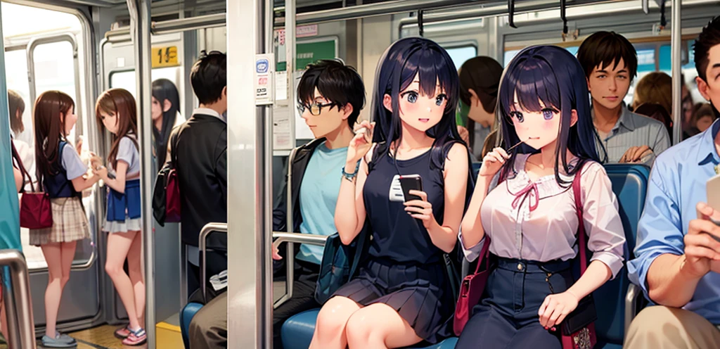crowded train、high school girl、Summer clothes