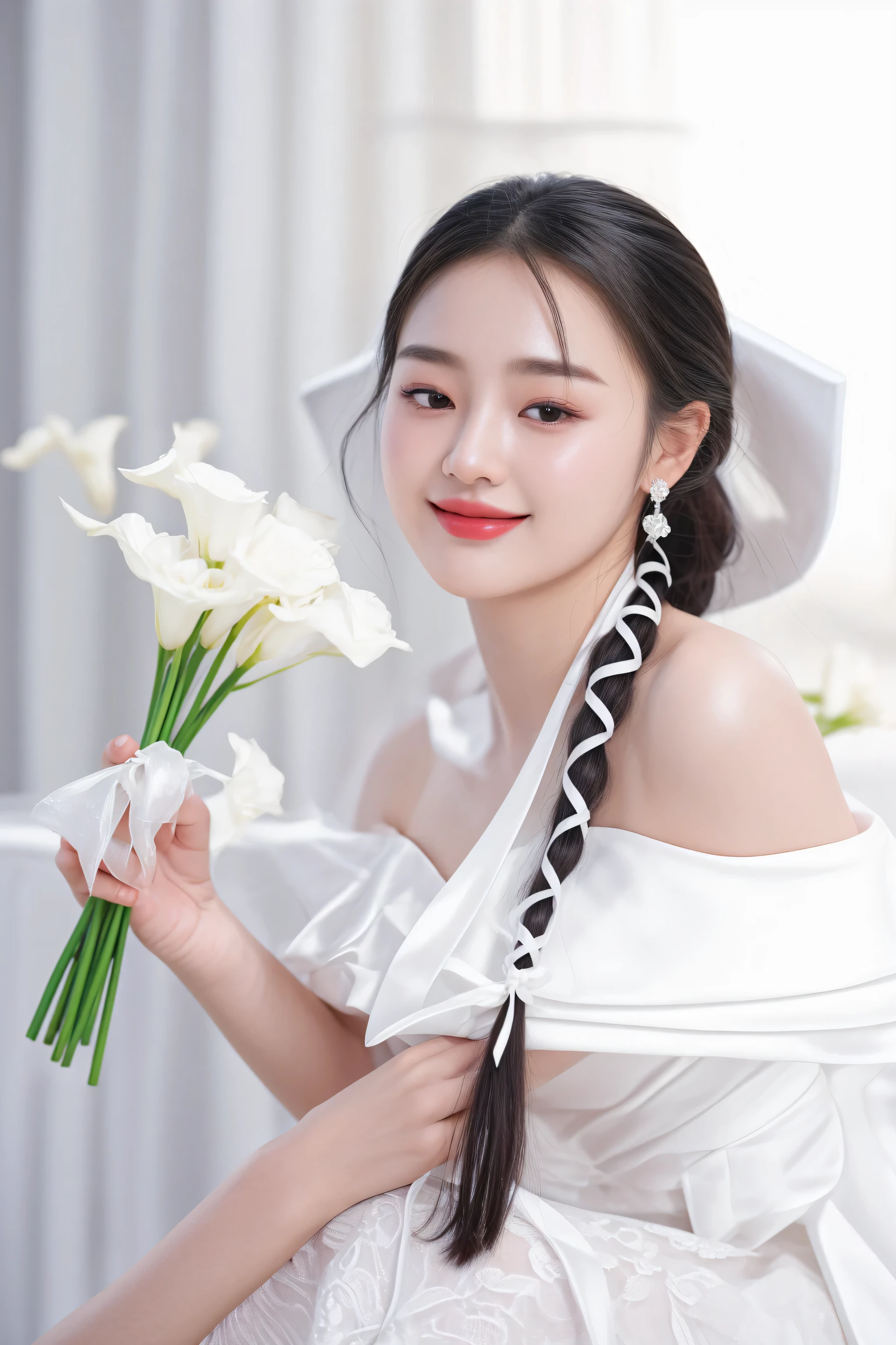 there is a woman in a white dress holding a bouquet of flowers, beautiful young korean woman, beautiful south korean woman, gorgeous young korean woman, with flowers, korean woman, a beautiful woman in white, dilraba dilmurat, an asian woman, a young asian woman, beautiful young asian woman, holding flowers, milky white skin, portrait shot