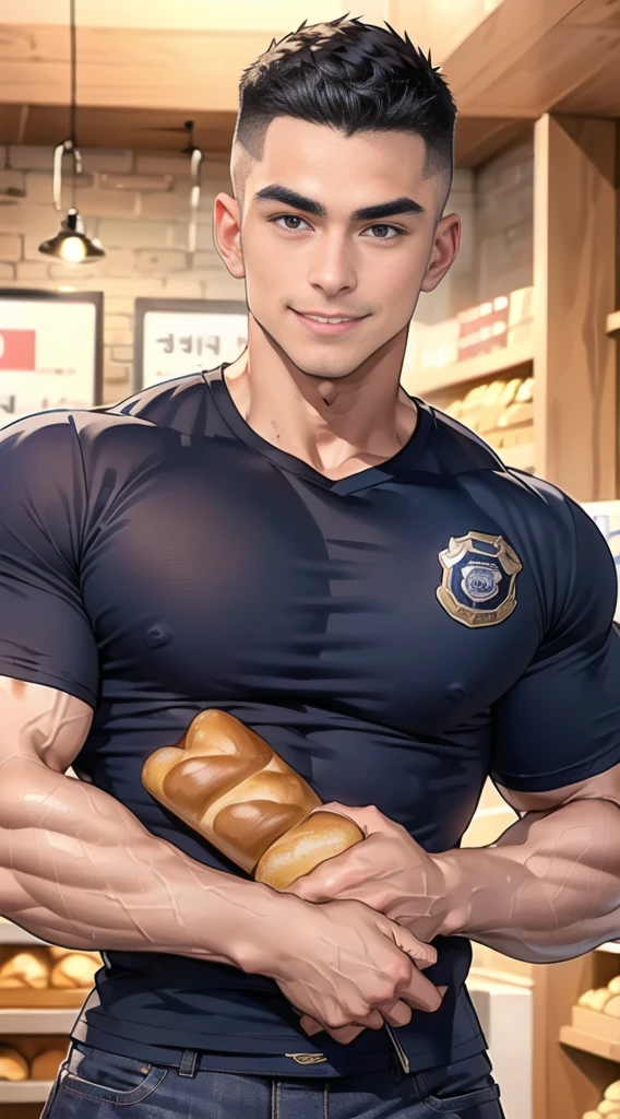 (NSFW: 1.5), (handsome Man sleep on table eating bread ),(crew cut short hair:1.8),black eye,(Wear a fitted round neck t-shirt in navy with a police badge.:1.5),(fit neck),Navy blue jeans,(black_gloves:1.2), Korean guy,chest muscles,large arm muscles,blood vessel,Big muscles,Broad shoulders, (open mouth:1.2),(face up:1.2),(close eyes:1.5), middle of the road,smile, In the bread shop, ( Cum:1.8), (genital very long: 1.6), genital very Big, (Big testicles), (Erection of the penis: 1.6), ((very big, very long penis)), masturbate, hold your hand on your penis, (semen) , (Cum in bread:1.3)