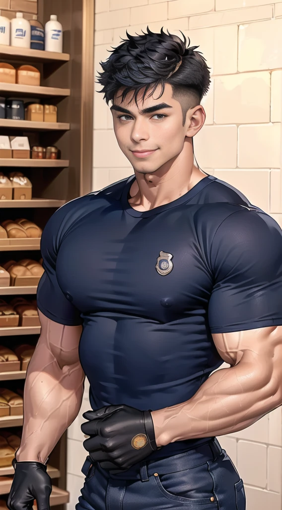 (NSFW: 1.5), (handsome Man sitting on table eating bread ),(crew cut short hair:1.8),black eye,(Wear a fitted round neck t-shirt in navy with a police badge.:1.5),(fit neck),Navy blue jeans,(black_gloves:1.2), Korean guy,chest muscles,large arm muscles,blood vessel,Big muscles,Broad shoulders, (open mouth:1.2),(face up:1.2),(close eyes:1.5), middle of the road,smile, In the bread shop, ( Cum:1.8), (genital very long: 1.6), genital very Big, (Big testicles), (Erection of the penis: 1.6), ((very big, very long penis)), masturbate, hold your hand on your penis, (semen) , bread in hand 