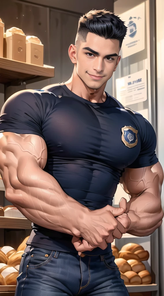 1 man,(Skinheads hairstyles) ,black eye,(Wear a fitted round neck t-shirt in navy with a police badge.:1.3),(fit neck),Navy blue jeans,(black_gloves), Korean guy,chest muscles,large arm muscles,blood vessel,Big muscles,Broad shoulders, smile, middle of the road,(full_shot:1.6),(In the bread shop:1.2),