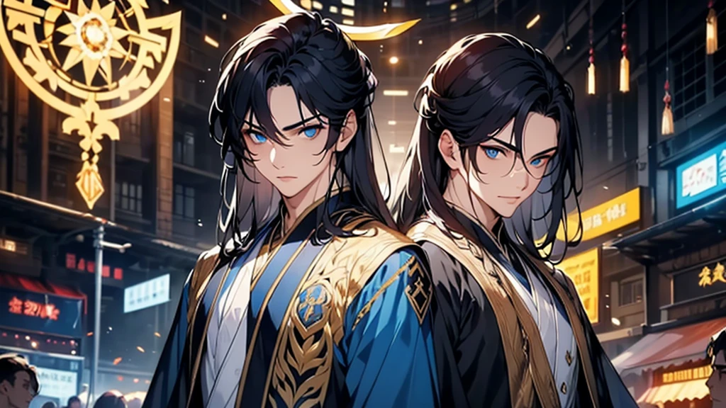 A man,There is a halo behind it,sacred,Correct proportions,Facial details,swordsman,Blue robe,Clothing details,transfer,Long sleeve,Game quality,fencing,Ray Tracing,Ray Tracing,Delicate glow,CG Rendering,Hair details,Black long hair,blue eyes,Handsome,Handsome,(The feeling of youth),The costumes are complicated,Perfect composition,Refinement,high quality,More details,Lots of details,Complex background,Sense of atmosphere,
