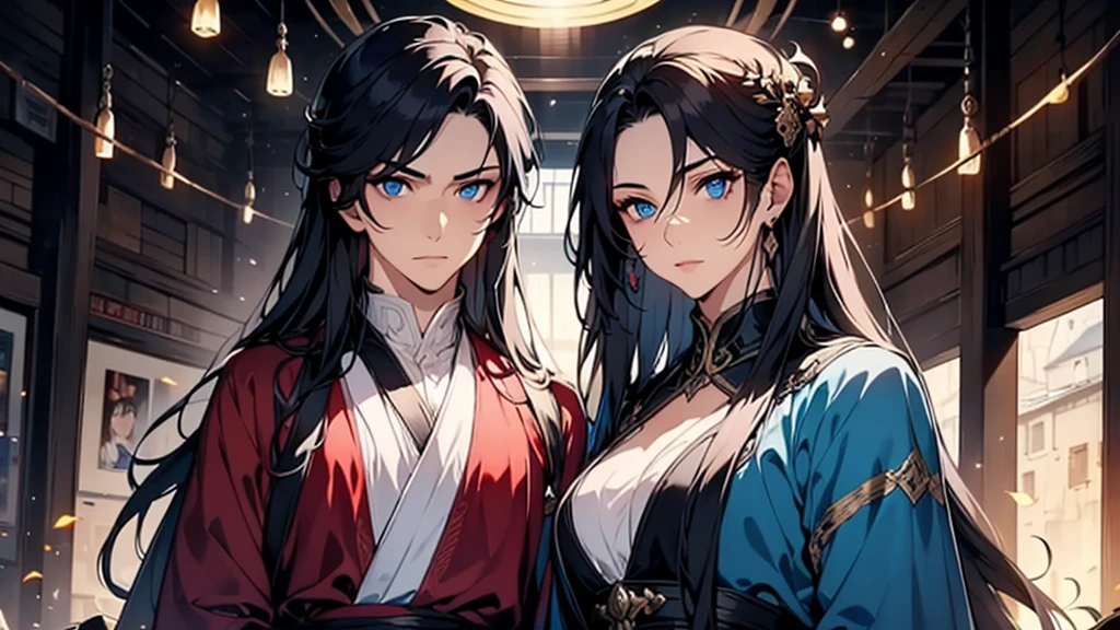 A man，There is a halo behind it，sacred，Correct proportions，Facial details，swordsman，Blue robe，Clothing details，transfer，Long sleeve，Game quality，fencing，Ray Tracing，Ray Tracing，Delicate glow，CG Rendering，Hair details，Black long hair，blue eyes，Handsome，Handsome，（The feeling of youth），The costumes are complicated，Perfect composition，Refinement，high quality，More details，Lots of details，Complex background，Sense of atmosphere，
