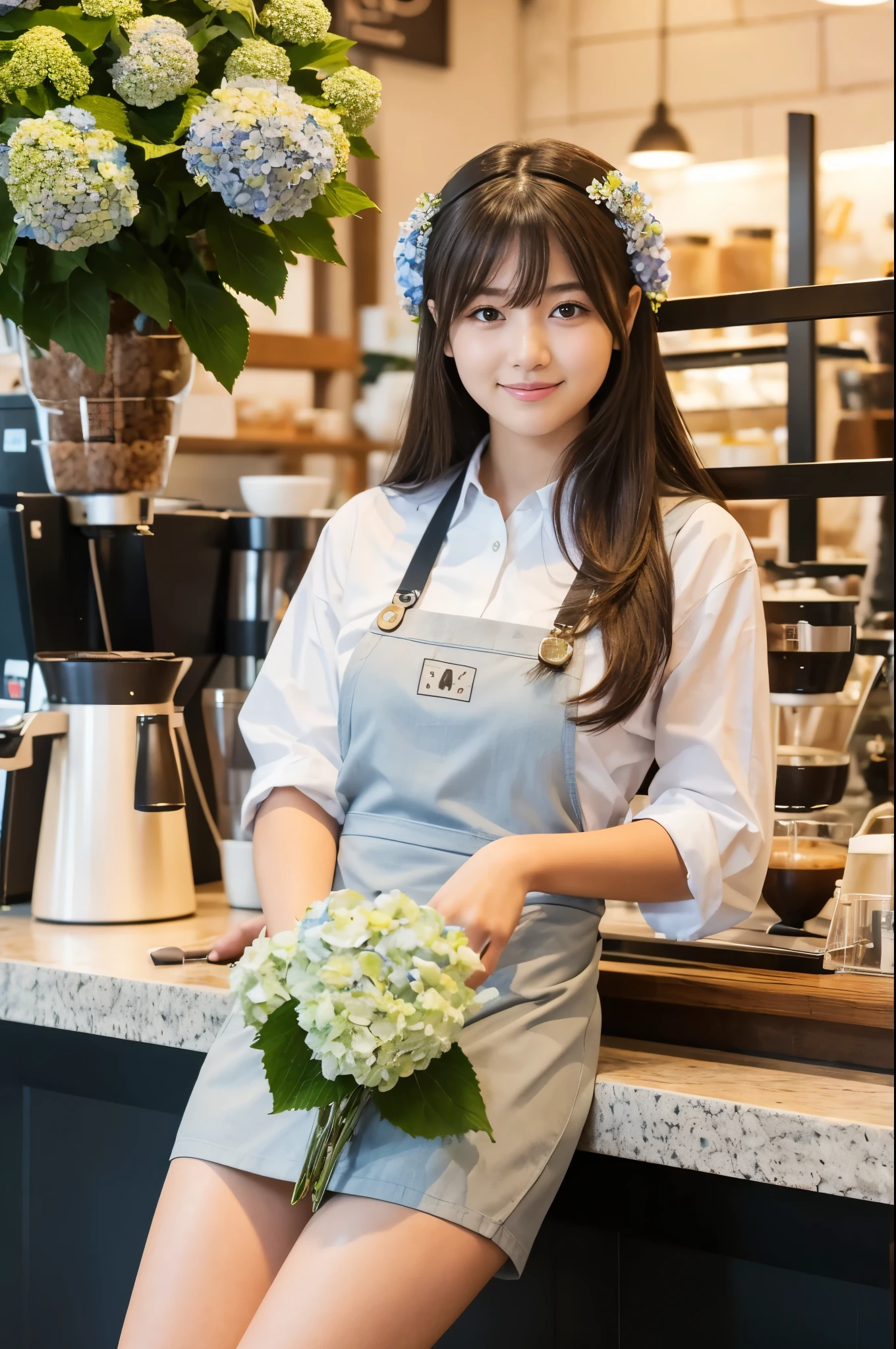 A 20-year-old girl working at a coffee shop decorated with hydrangeas(Wearing a miniskirt and apron)