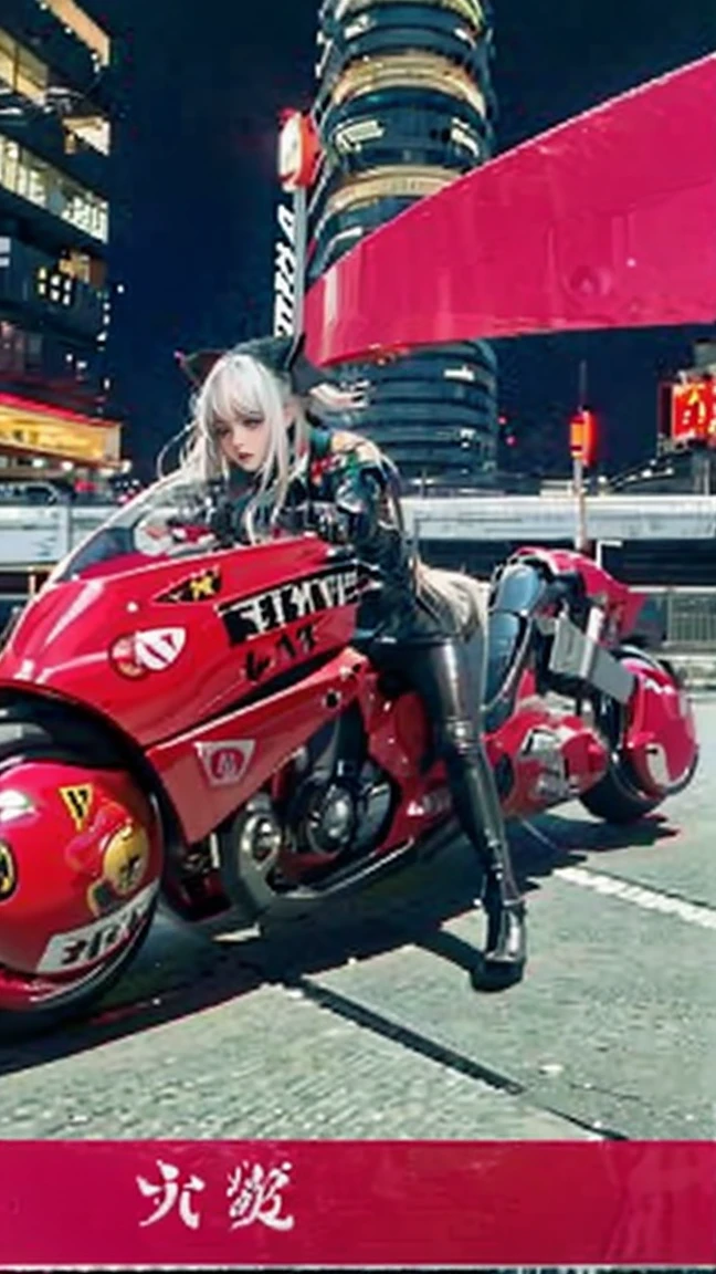 official art, unity 8k wallpaper, ultra detailed, beautiful and aesthetic, masterpiece, best quality, realistic, (succubus), blush, long hair, white hair, streaked hair, red eyes, hair bow, mole under eye, (black akirabike), riding bike, night, cyberpunk city view, epic screen, ,