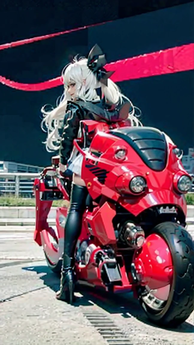 official art, unity 8k wallpaper, ultra detailed, beautiful and aesthetic, masterpiece, best quality, realistic, (succubus), blush, long hair, white hair, streaked hair, red eyes, hair bow, mole under eye, (black akirabike), riding bike, night, cyberpunk city view, epic screen, ,