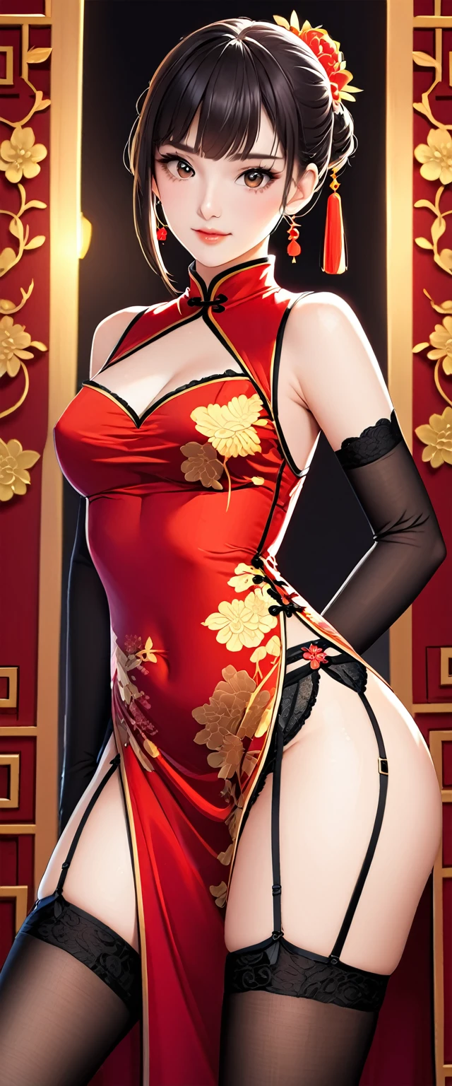 High resolution, adult woman , good lighting, despicable, , ( nudity), (((China dress))), (()), ((())), (garter belt), abdomen only, (),  ,  cute face, I&#39;m embarrassed and blush, humiliating, ((turn around and look back)), ((See-through))()(T-back)(a large amount of  is on the body,)