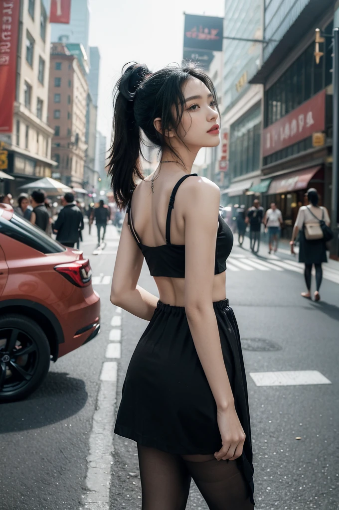 (((best quality))),(((ultra detailed))),(((masterpiece))),illustration,1girl,slim,sun-kissed skin,vibrant rose-pink cotton dress,short ponytail,pantyhose,standing, bustling city streets, honking cars,surrounded by crowded crowds, colorful advertisements,grilled skewers,enjoying sights and sounds,(dark black skin:1.5),day scene,upper body,from front,bare back,towering hips,butt crack
