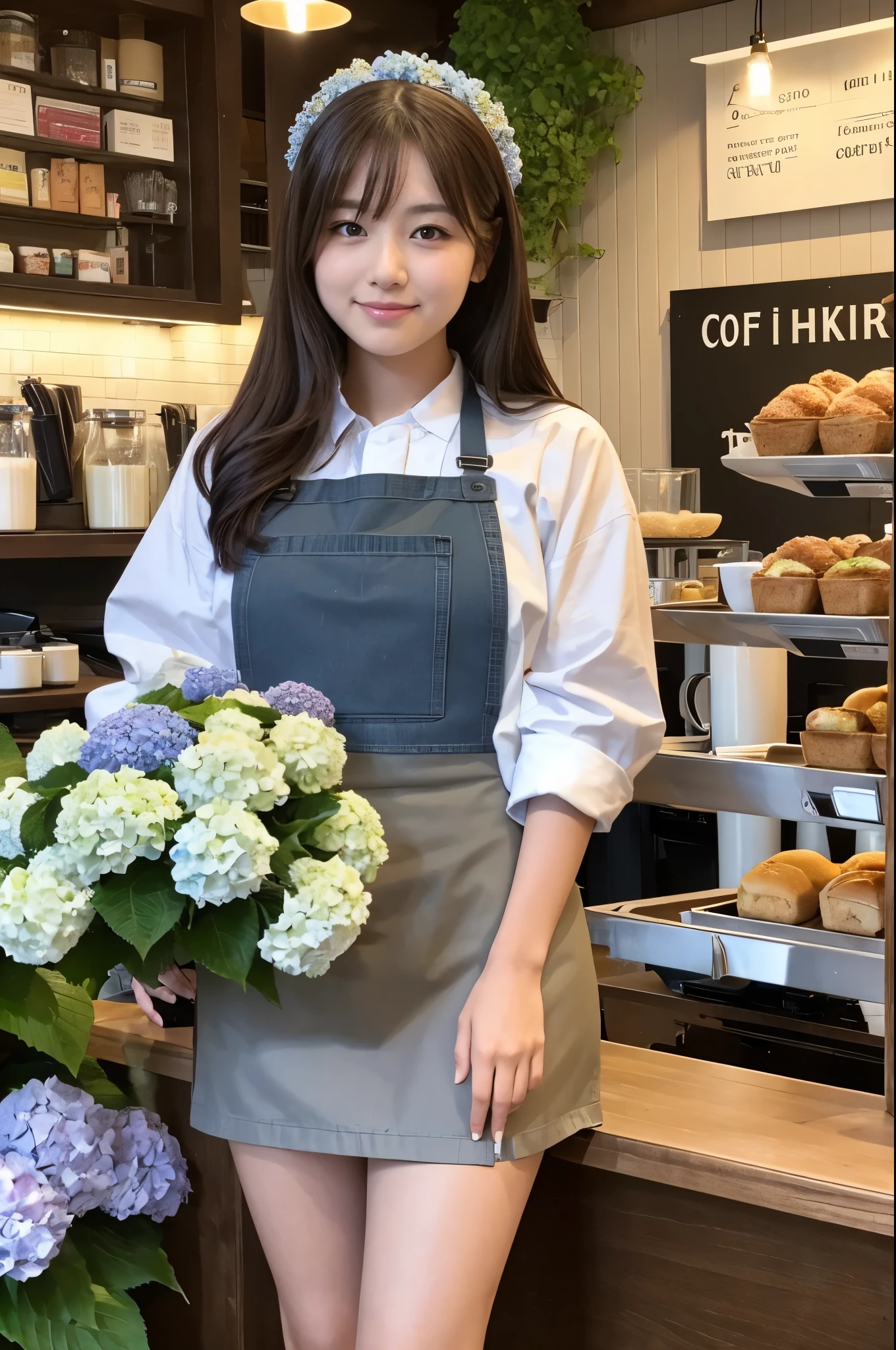 A 20-year-old girl working at a coffee shop decorated with hydrangeas（Wearing a  and apron）