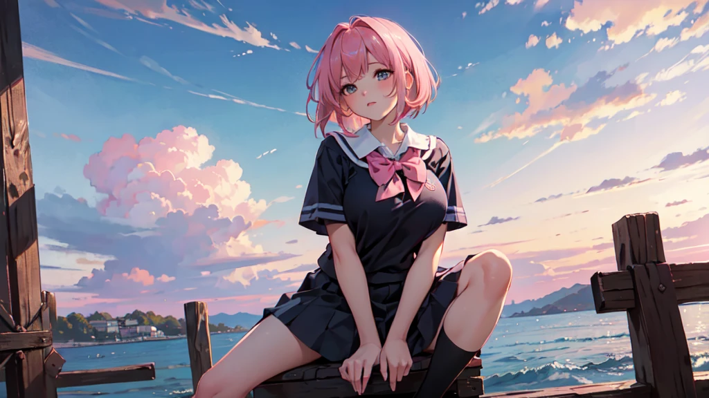 ((Highest quality)), ((masterpiece)), (detailed), From below, Pink Bob Hair, Beautiful school girl, Plump breasts, , Sitting on the shore, Spread your legs, View your viewers, beautiful pink sky and clouds,