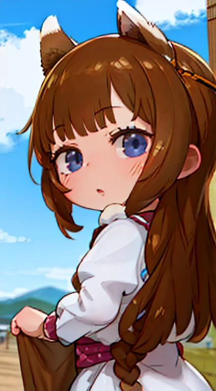 masterpiece, top quality, absurdity, (run:1.5), (runBrownDress:1.5), one girl,View Viewer, They're standing, cowboy shot, Open, Medieval, cobblestone street, city, pouch, sash, smile, fruits, an apple, basket,lush,animal ears,whole body, barges,open mouth smile,tooth,