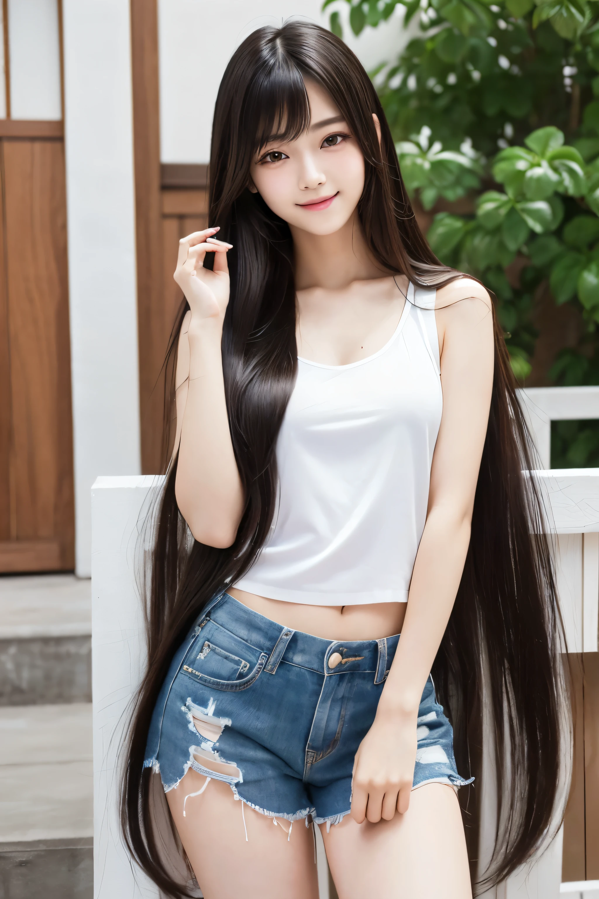(best quality), (Masterpiece:1.2), (realistic, photo-realistic:1.2), (Highly Detailed Face and Skin Texture), (full body shot1.1), (20 years old Japanese idol), cute face, Whitening Skin, Double Eyelids, (Absurdly Long Hair:1.5), (slim figure), (flat bust:0.9), long legs, (Black Straight Hair), smile, Jumping, (Are standing:1.1)