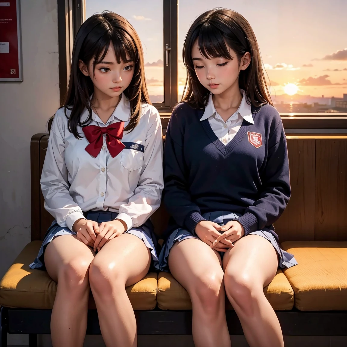 (masterpiece, best quality), perfect anatomy, perfect hands, two school girls are deeply in love with each other, after school, evening glow, sunset, sleep